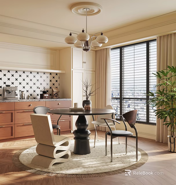 Elegant Modern Restaurant Interior With Round Dining Table Pendant Lights And Potted Plant 3d model 