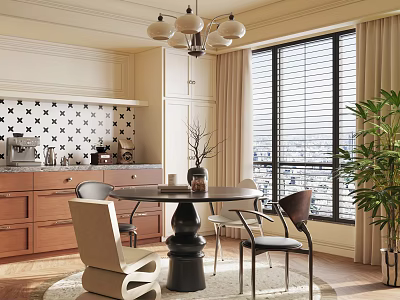 Elegant Modern Restaurant Interior With Round Dining Table Pendant Lights And Potted Plant 3d model