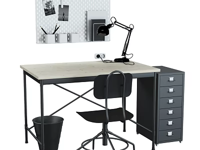 Modern Home Office Desk With Pegboard Stationery Clock Lamp Chair File Cabinet 3d model