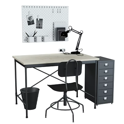 Modern Home Office Desk With Pegboard Stationery Clock Lamp Chair File Cabinet 3d model