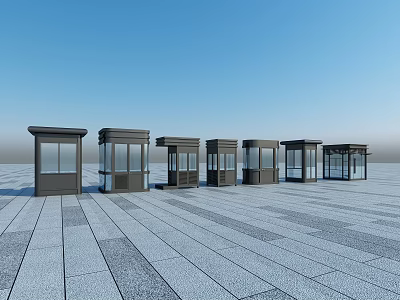 Various Styles of Booths Arranged in Open Plaza with Gray Stone Pavement and Blue Sky 3d model