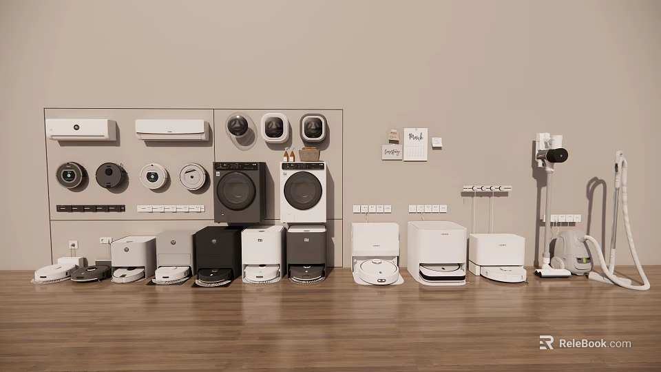 Modern Household Appliances Display Featuring Various Types For Home Use On Wooden Floor 3d model 