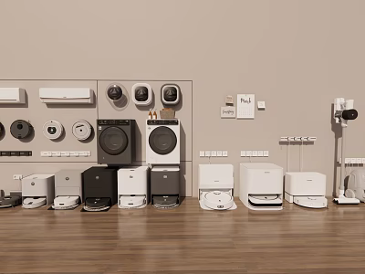Modern Household Appliances Display Featuring Various Types For Home Use On Wooden Floor 3d model