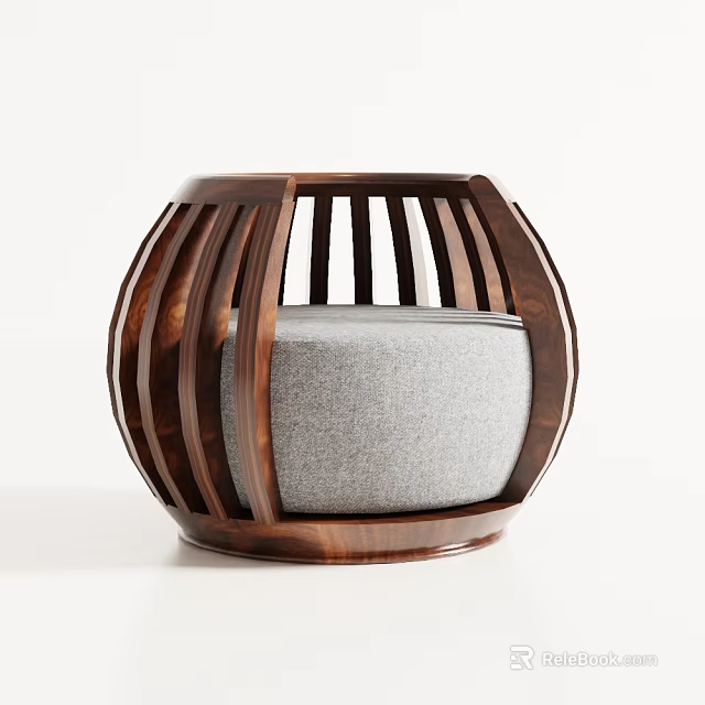 Walnut Wood Circular Accent Chair With Slatted Backrest And Gray Padded Seat 3d model 
