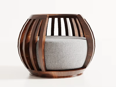 Walnut Wood Circular Accent Chair With Slatted Backrest And Gray Padded Seat 3d model