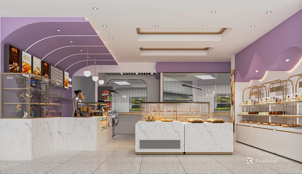Stylish Dessert Shop Interior With Purple Decor Marble Counter And Dessert Display Cases 3d model 