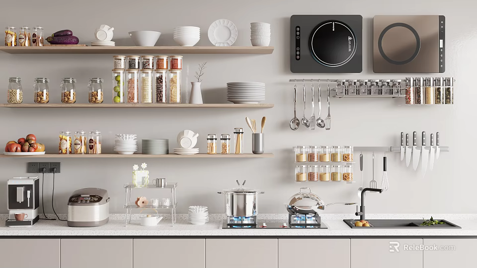 Well Organized Kitchen With Various Kitchenware On Shelves And Cabinets 3d model 