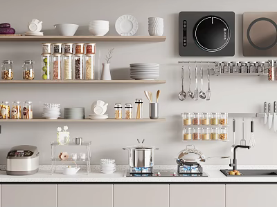Well Organized Kitchen With Various Kitchenware On Shelves And Cabinets 3d model