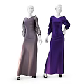 Fashion Models In Purple And Gray Long Evening Dresses With Sheer Sleeves