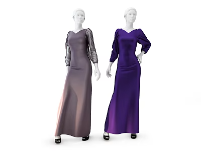 Fashion Models In Purple And Gray Long Evening Dresses With Sheer Sleeves 3d model