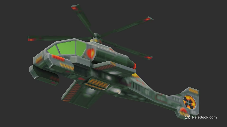 Military Combat Helicopter Weapon With Green Camouflage Rotors Yellow Red Details 3d model 