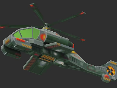 Military Combat Helicopter Weapon With Green Camouflage Rotors Yellow Red Details 3d model