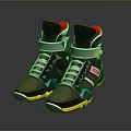 Brown High Top Shoes With Blue Pink Accents Yellow Sole Red Lining And White Laces