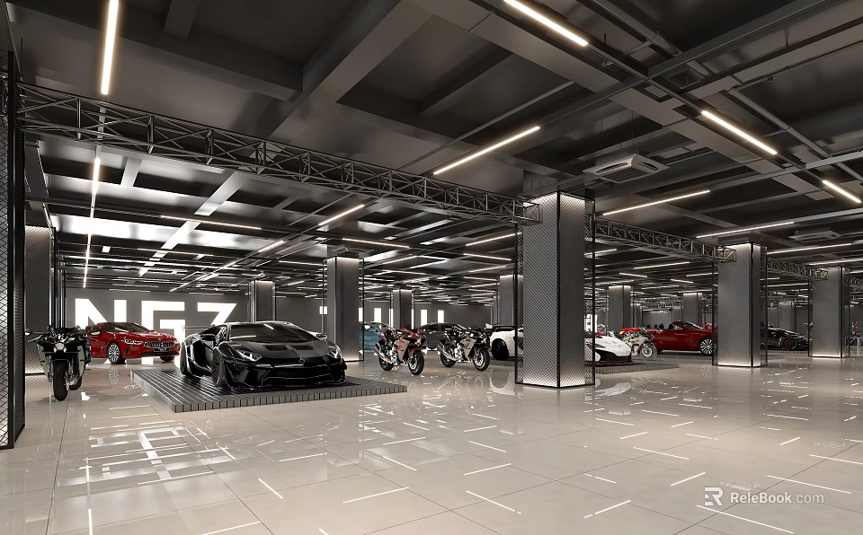Luxury Car And Motorcycle Showroom With White Tile Floor Metal Ceiling Strip Lights 3d model 