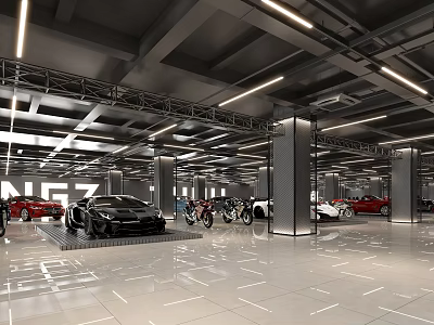 Luxury Car And Motorcycle Showroom With White Tile Floor Metal Ceiling Strip Lights 3d model
