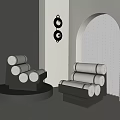 Stylish Single Sofa With Cylindrical Cushions In Modern Interior Arched Window And Wall Lamp