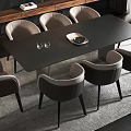 Modern Dining Table Set With Gray Chairs Pendant Lights And Wooden Bookshelves