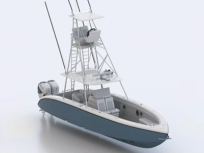 Blue and White Fishing Yacht With Upper Deck Ladder And Outboard Engines 3d model
