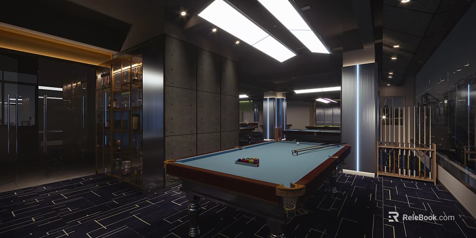Modern Billiard Room Interior With Blue Pool Table Ceiling Lights And Patterned Carpet 3d model 