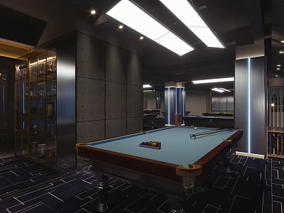 Modern Billiard Room Interior With Blue Pool Table Ceiling Lights And Patterned Carpet 3d model