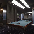 Modern Billiard Room Interior With Blue Pool Table Ceiling Lights And Patterned Carpet 3d model