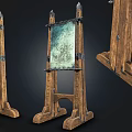 Vintage Wooden Art Supplies Easel With Green Blue Textured Canvas And Artistic Painting Tools