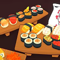 Fresh Salmon Sushi Platter With Various Types On Wooden Trays And Ingredients