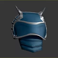 Futuristic Blue Helmet With Silver Edges Horn Like Projections And Glossy Surface