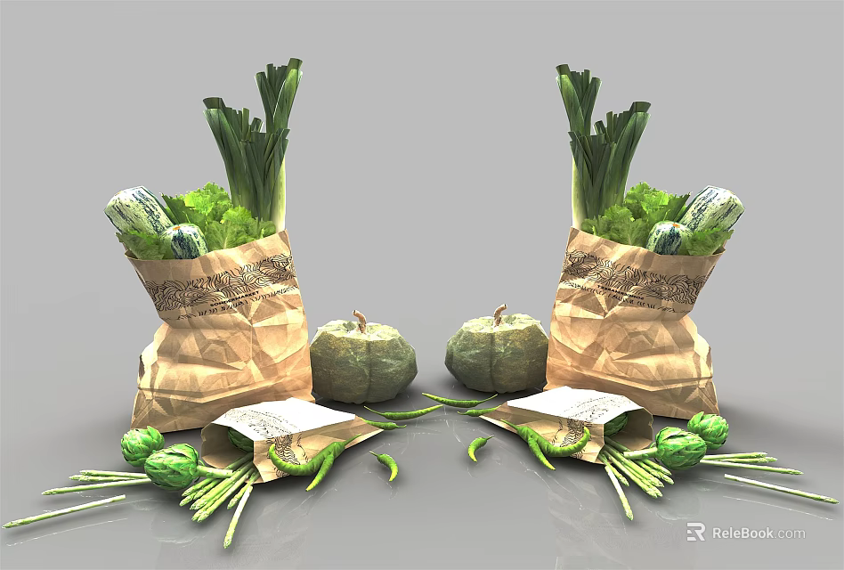 Fresh Assorted Vegetables in Paper Bags With Pumpkins Scallions and Brussels Sprouts 3d model 