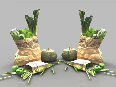 Fresh Assorted Vegetables in Paper Bags With Pumpkins Scallions and Brussels Sprouts 3d model