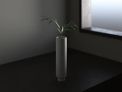 Minimalist Gray Cylinder Vase With Green Leaves On Dark Wooden Table By Window Light 3d model