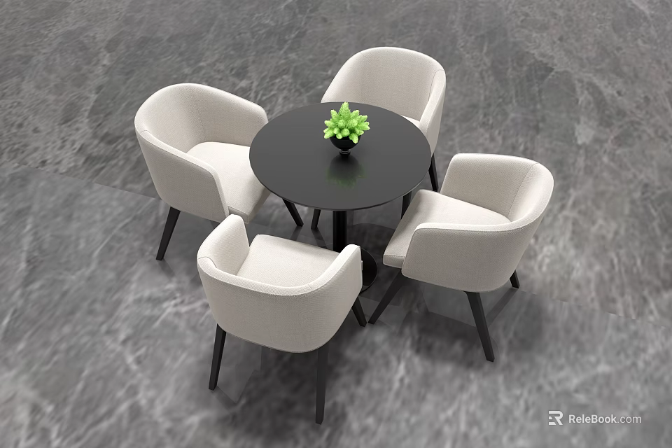 Round Black Table with Four Beige Chairs and Small Green Plant 3d model 
