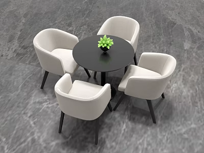 Round Black Table with Four Beige Chairs and Small Green Plant 3d model
