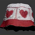 Stylish Red and White Crocheted Bucket Hat with Red Heart Patterns 3d model