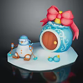 Festive Blue Decorative Building With White Patterns Brown Wooden Door Red Bow And Snowman Figure