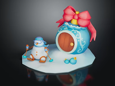 Festive Blue Decorative Building With White Patterns Brown Wooden Door Red Bow And Snowman Figure 3d model