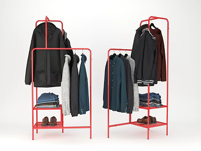 Red Clothes Racks with Hanging Coats Jackets Shirts and Folded Clothes on Shelves and Shoes 3d model