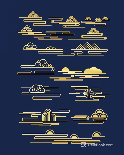 Traditional Golden Carvings With Cloud Mountain Wave Patterns On Blue Background 3d model 