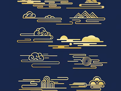 Traditional Golden Carvings With Cloud Mountain Wave Patterns On Blue Background 3d model