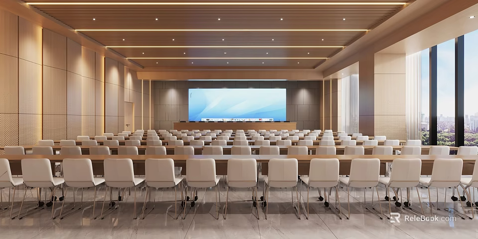 Modern Conference Room With Large Screen Arranged Chairs And Wooden Ceiling 3d model 