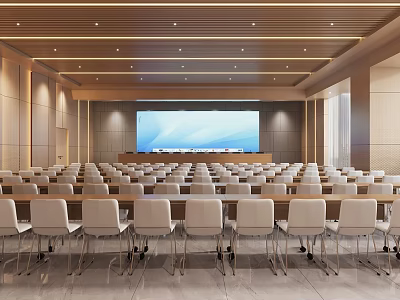 Modern Conference Room With Large Screen Arranged Chairs And Wooden Ceiling 3d model