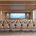 Modern Conference Room With Large Screen Arranged Chairs And Wooden Ceiling