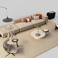 Modern Beige Sofa and White Round Coffee Table Set with Multiple Pillows and Floor Lamp 3d model
