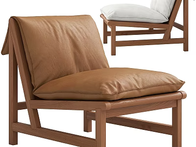 Stylish Leisure Chair With Brown Leather Cushion And Wooden Frame White Cushion Design 3d model