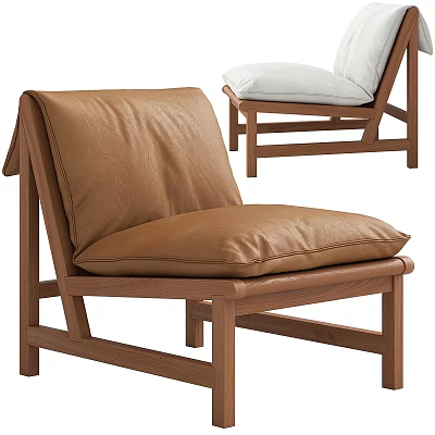 Stylish Leisure Chair With Brown Leather Cushion And Wooden Frame White Cushion Design 3d model
