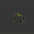 Colorful Action Figures Red And Yellow On Tree Stump Base With Green Plant Decorations