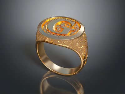Luxury Gold Ring With Intricate Engraved Patterns And Gemstone Center 3d model