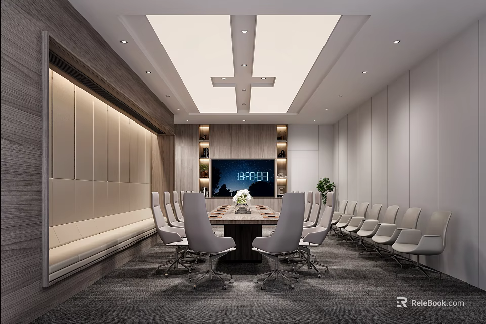 Modern Conference Room Interior With Long Table Ergonomic Chairs Ceiling Lights And Indoor Plants 3d model 