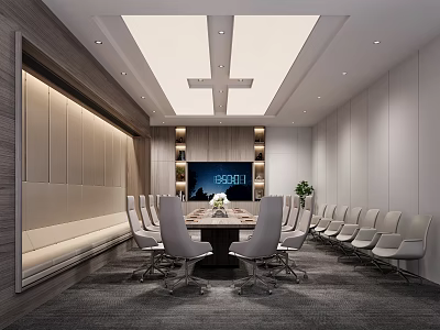 Modern Conference Room Interior With Long Table Ergonomic Chairs Ceiling Lights And Indoor Plants 3d model