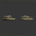 Two Tan Military Tank Models With Cannons And Tracks On Dark Surface